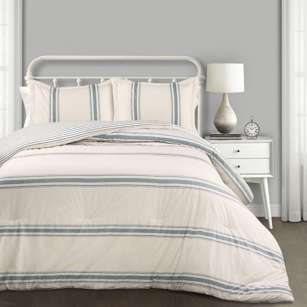 Lush Decor Farmhouse Stripe Reversible Cotton Comforter Set, 3 Piece Set, Full/ Queen, Blue - Cozy Frmhouse Bedding Set - Rustic Decor - Striped Comforter - Modern Farmhose Bedroom Decor