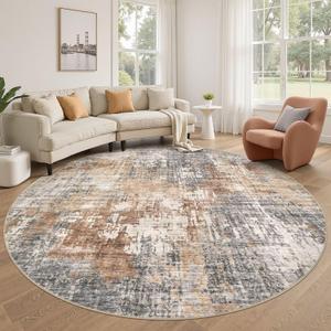 8ft Round Area Rug Living Room Rugs - 8x8 Washable Large Soft Indoor Neutral Modern Abstract Low Pile Rug Carpet for Bedroom Dining Room Farmhouse Home Office - Grey Brown