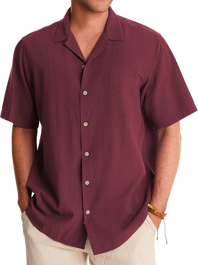 Alimens & Gentle Mens Linen Shirts Short Sleeve Button Down Shirts Cotton Summer Beach Cuban Shirts Vacation Hawaiian Shirts Burgundy, Medium