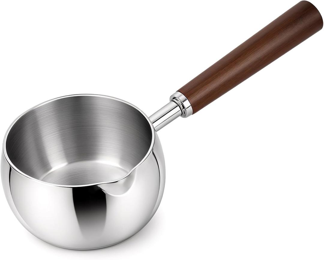 17oz Stainless Steel Sauce Pot with Heat Resistant Wooden Handle, Butter Warmer Milk and Coffee Warmer, Chocolate Melting Pot, Mini Sauce Pan for Coffee