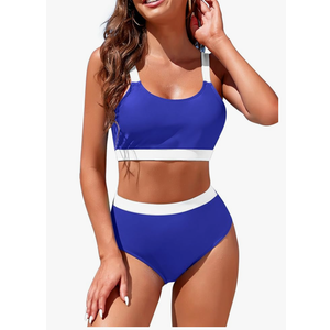 Womens High Waisted Bikini Sets Sporty Crop Top Color Block Swimwear Bandeau Scoop Neck Vintage Two Piece Bathing Suits, Small