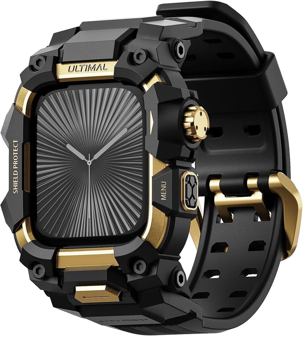 ULTIMAL Rugged Case with Band for Apple Watch 46mm,Compatible with Apple Watch Series 11/10, Military Grade Shockproof Bumper Cover for iWatch Tactical Band Men (46mm,Gold)