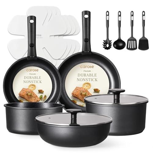 CAROTE 17Pcs Pots and Pans Set Non Stick, Cookware Set Detachable Handle, Nonstick Induction Kitchen Sets Non Stick with Removable Handle, RV Cook Ware, Oven Safe, Black