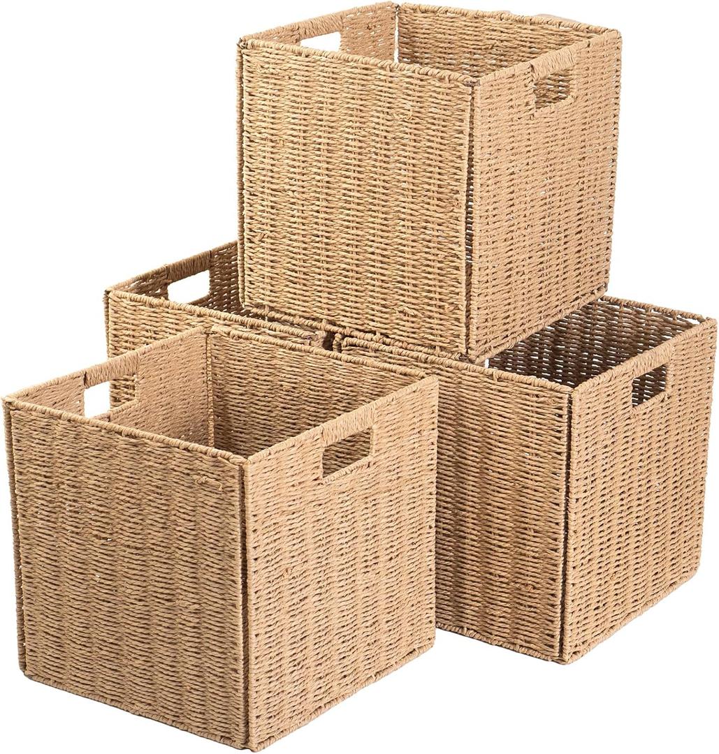 Foldable Square Baskets Set of 4, Paper Woven Storage Cube Bins with Handles for Shelves Cubby Organizing (Natural, 13'' x 13'' x 13'')