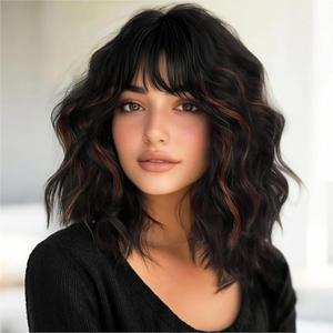 Bob Wavy Wigs With Bangs, Black Mixed Brown Wigs for Women Short Curly Wavy Wigs with Highlights, Natural Looking Shoulder Length Womens Wig for Daily Party Use