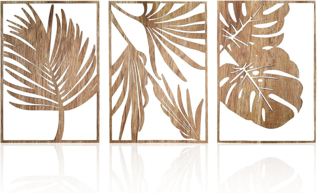 Jinzhenhong 3Pcs Modern Wooden Wall Sculptures, Leaf Sign Vintage Tropical Plant Wall, Wood Rustic Palm Leaf Wall Art Decor for Living Room Bathroom Bedroom Office (Leaf 1 Dark Brown)
