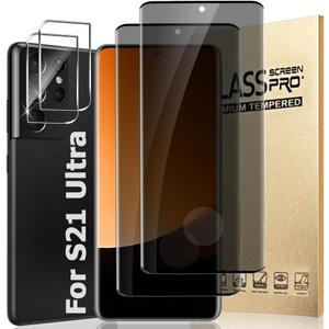 2 Pack Galaxy S21 Ultra Privacy Screen Protector and 2 Pack Camera Lens Protector, 9H Hardness Anti-Spy Tempered Glass, Fingerprint Compatible, 3D Full Coverage, Bubble Free, Anti Scratch (6.8 Inch)