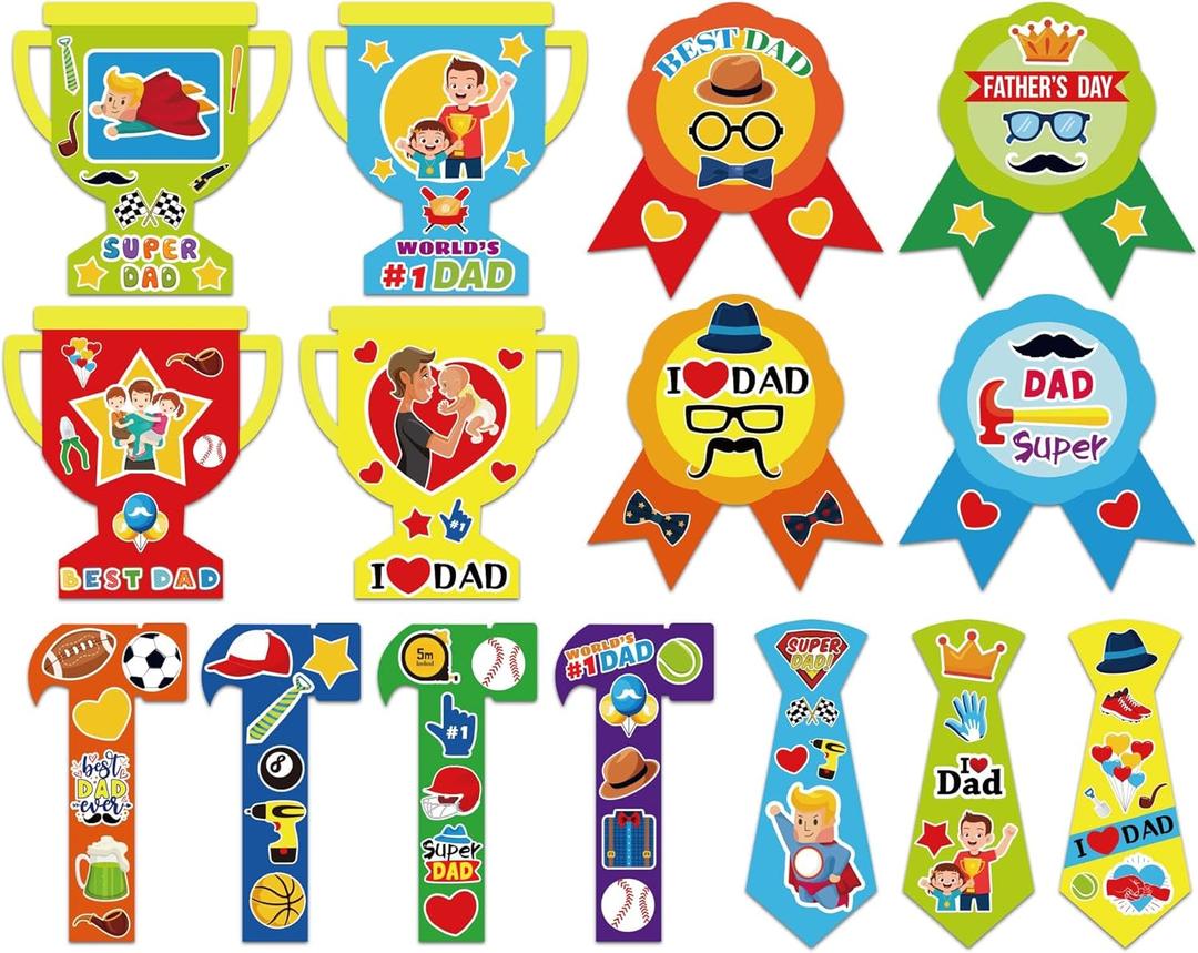 Qyeahkj 30pcs Father's Day Craft Kits for Kids, Fun DIY Paper Handmade Trophy Tie Craft for Daddys Day Girls Boys Home Classroom Indoor Game Activities Favors