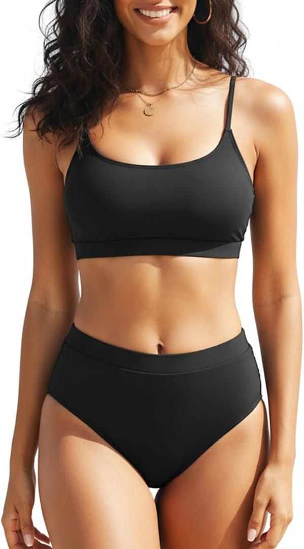 Tempt Me Women High Waisted Bikini Set Athletic Two Piece Swimsuits Sporty High Cut Bathing Suit with Scoop Neck (Black), M