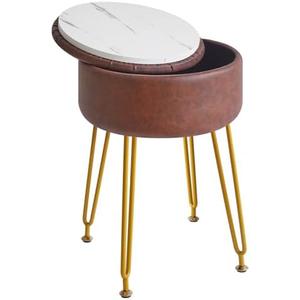IBUYKE Faux Leather Round Footrest Stool with Storage Ottoman, Makeup Vanity Chair Side Table, PU Dressing Table Seat, Removable Cover, Golden Steel Legs, Dark Brown WBD024Z