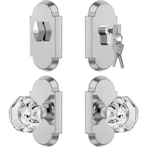 Polished Chrome Door Knob with Deadbolt, Crystal Glass Door Knobs with Single Cylinder Deadbolt Lockset with Passage Door Knob (Keyed Alike)