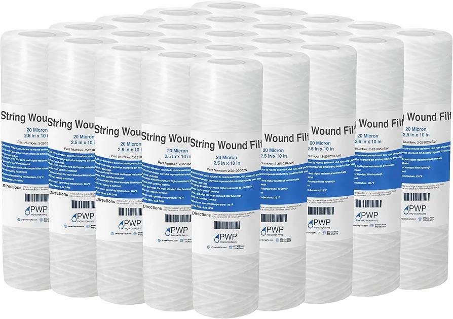 Sediment String Wound Water Filter Cartridge Standard 2.5x10" 20 Micron 25 Pack