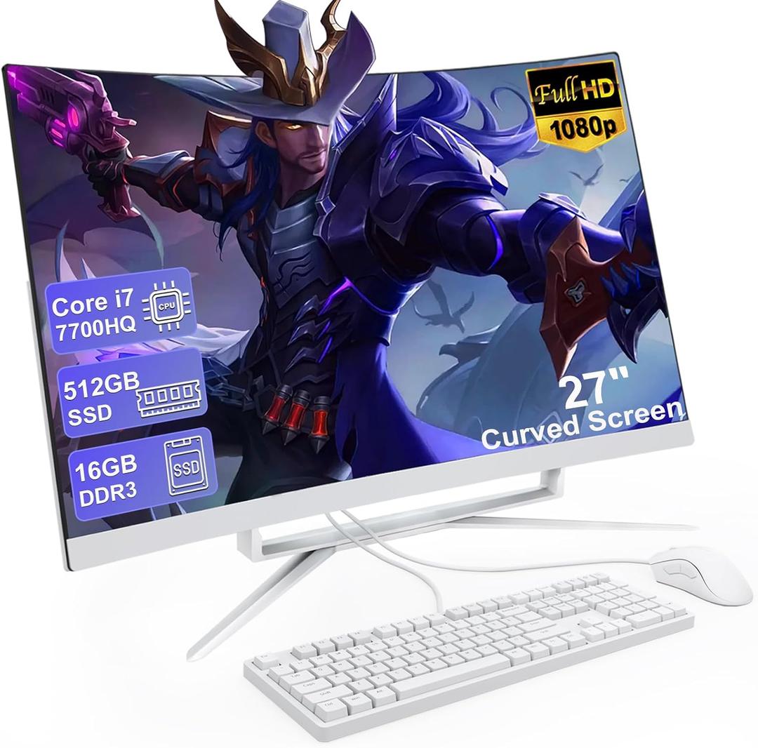 27 inch All-in-One Desktop Computer Curved FHD Display, All-in-One PC 16GB DDR3 512GB ROM SSD Core i7 7700HQ Bluetooth 5.0 Dual Band WiFi with Mouse and Wired Keyboard