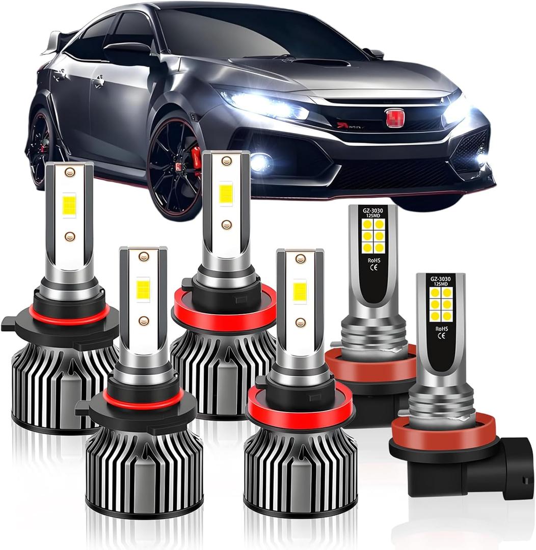 Compatible For Honda Civic 2016 201 2018 2019 2020 High Beam+Low Beam+Fog Light Bulbs Combo Pack, 6500K White, 400% Brightness with Cooling Fan, Plug and Play, Waterproof, Pack of 6