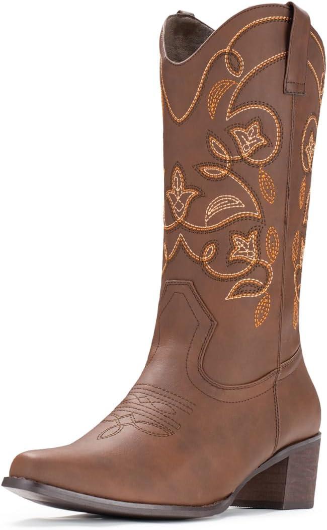 IUV Cowboy Boots For Women Pointy Toe Women's Western Boots Cowgirl Boots Mid Calf Boots (6, Brown)