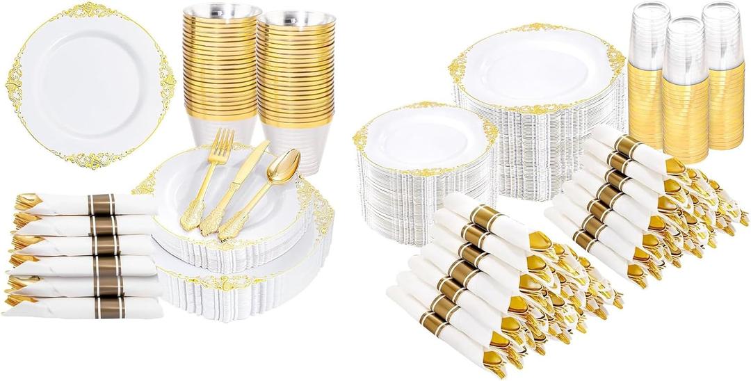 Nervure 875 PCS Gold Plastic Plates - Gold Plastic Dinnerware Sets for 125 Guests - 250 Gold Disposable Plates, 375 Gold Plastic Silverware, 125 Cups, 125 Napkins for Wedding & Party