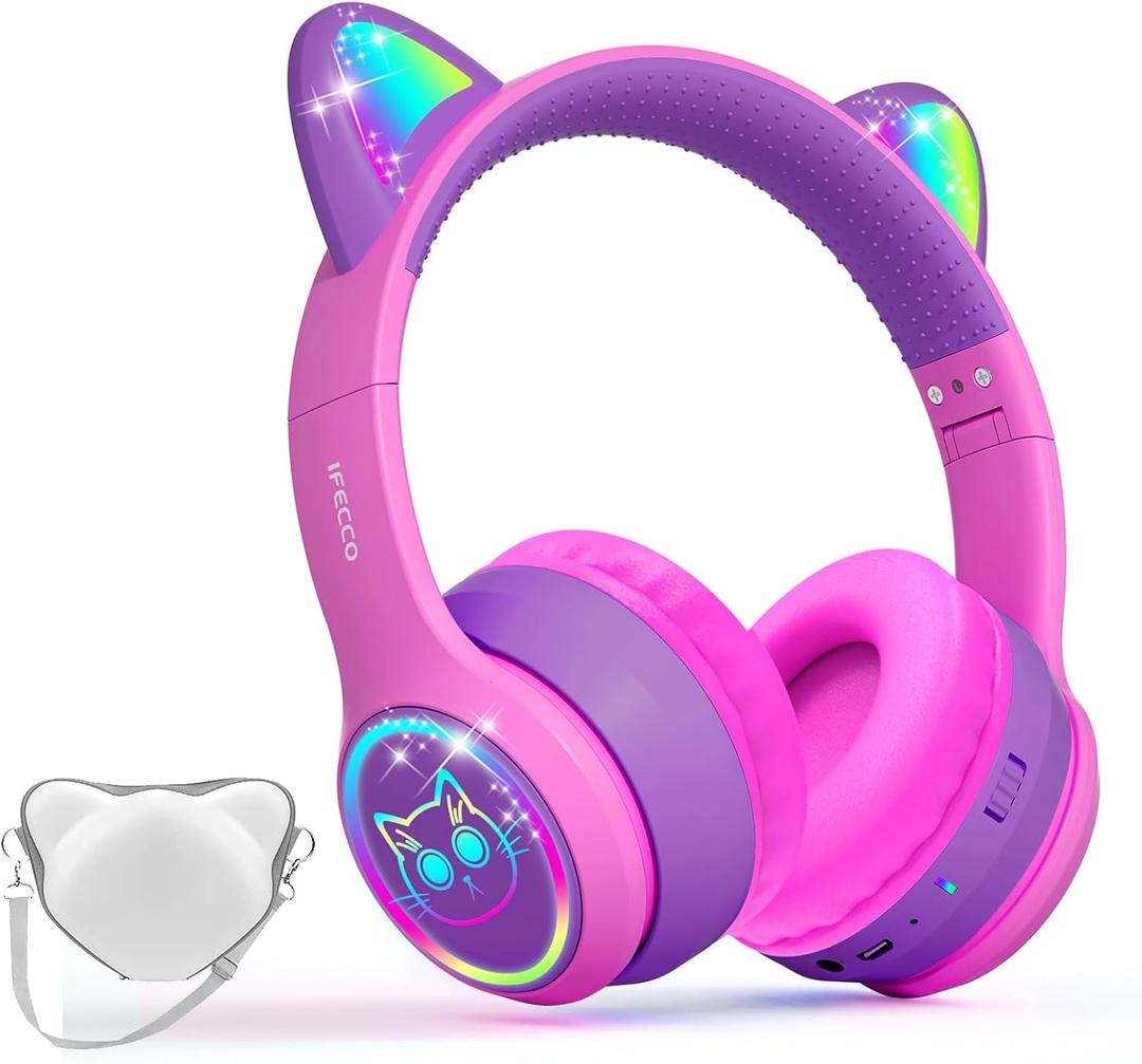 IFECCO Wireless Kids Headphones with Microphone,Foldable Cute Light Up Cat Ear Children Girls Bluetooth Headphones with Case for School Gifts Travel (rose purple)