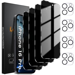4+4 Pack Privacy Screen Protector for iPhone 16 Pro 6.3-Inch with 4 Pack Camera Lens Protector, Anti Spy Tempered Glass Film 9H Hardness Case Friendly
