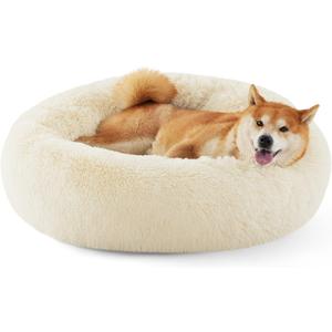 Bedsure Calming Dog Bed for Medium Dogs - Donut Washable Medium Pet Bed, Anti-Slip Round Fluffy Plush Faux Fur Cat Bed, Fits up to 45 lbs Pets, Ivory Beige, 30 inches