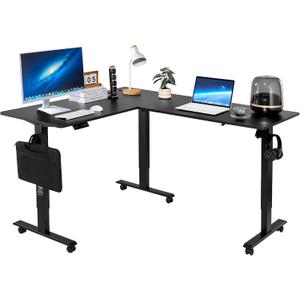 VEVOR L Shaped Standing Desk with Wheels, 63 x 55 inch 3-Level Height Adjustable Electric Corner Standing Desk with Power Outlet, Heavy Duty Carbon Steel Sit Stand Computer Table, Easy to Assemble