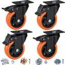 4" Caster Wheels, Casters Set of 4 Heavy Duty - Orange Polyurethane Castors, Top Plate Swivel Wheels, 4-Pack Industrial Casters with Brake, Locking Caster for Furniture and Workbench