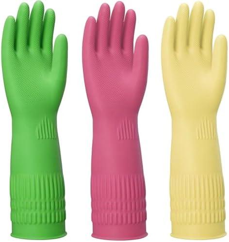 ccebwyny Rubber Gloves for Cleaning – 3 Pairs Reusable Gloves for Dishwashing, Kitchen and Household Tasks, 15-Inch Long, Non-Slip and Waterproof (Medium)