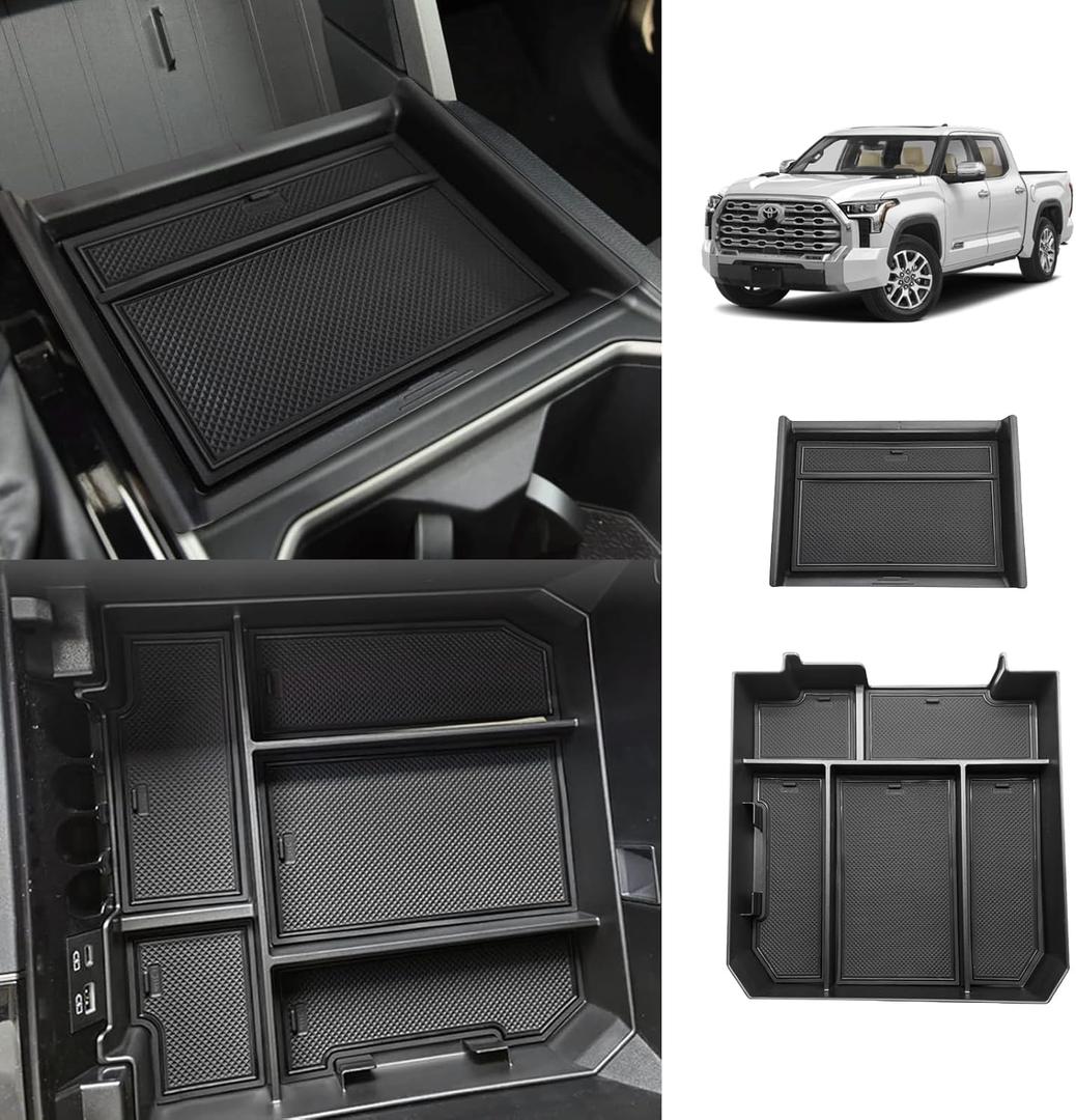 Muslogy Center Console Organizer Compatible with Toyota Tundra 2022-2024 2025 Accessories Middle Insert Box & Lower Center Console Storage Gear Shift Storage Box 2PCS Set(Console Organizer+Lower Tray) (Black)