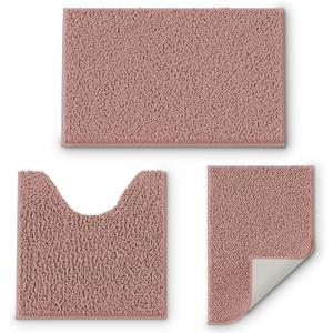 Bathroom Rugs Sets 3 Piece, Extra Soft Absorbent Chenille Bath Rugs, Non Slip Rubber Backing Machine Washable Quick Dry Bath Mats for Bathroom Floor, Tub, Shower, Home Decor Accessories, Misty Rose (16" x 24" & 20" x 32"& 20" x 20" U shape)
