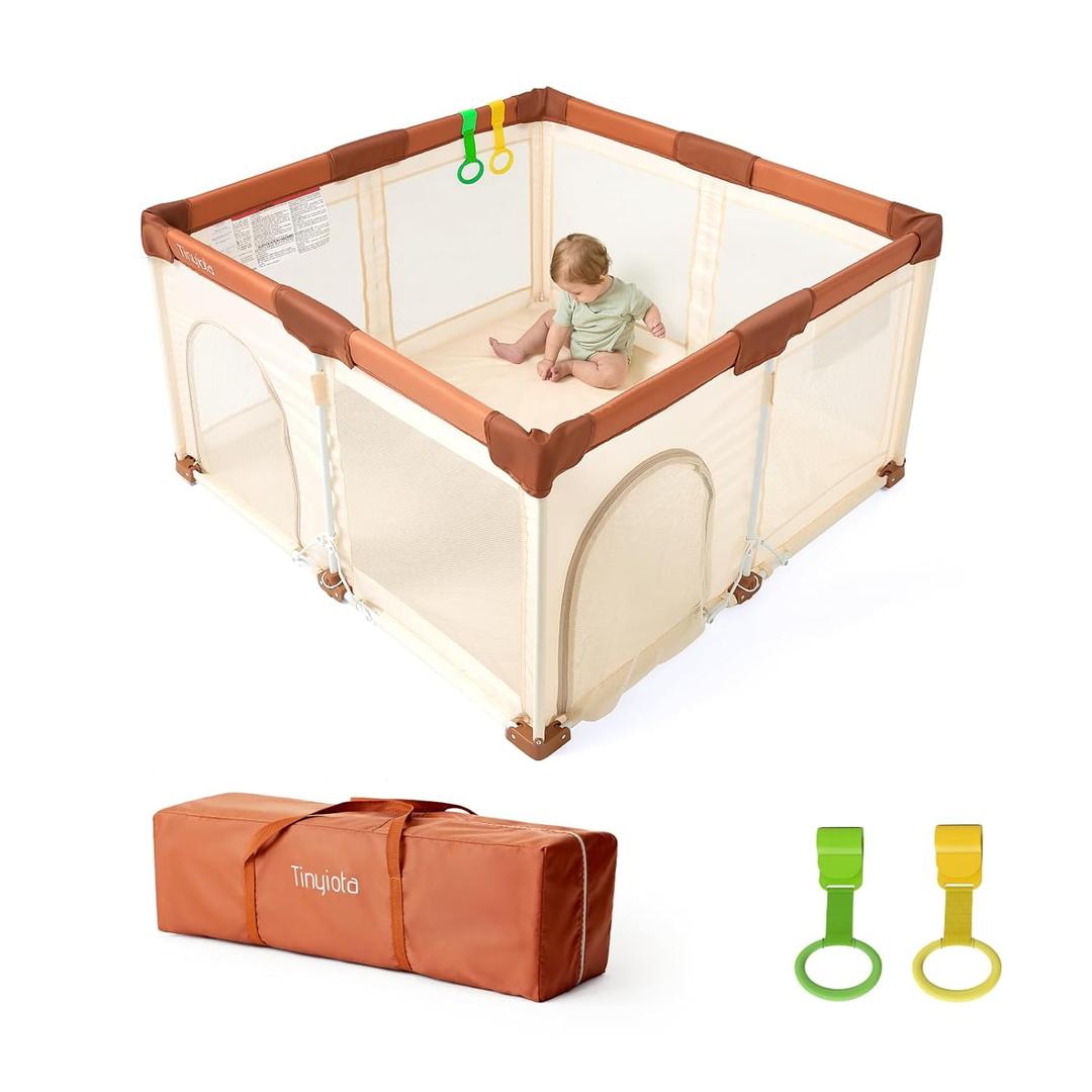 Tinyiota Foldable Baby Playpen, 50x50 Inch Portable Play Yard for Babies and Toddlers with Soft Breathable Mesh, Storage Bag & 2 Pull-Toy Handles for Indoor & Outdoor (Brown, 50x50)