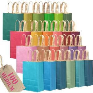 Qiqee 100PCS Medium Mulitcolor Gift Bags With Handles Bulk Multiple Uses (10.6"x8.3"x4.3")