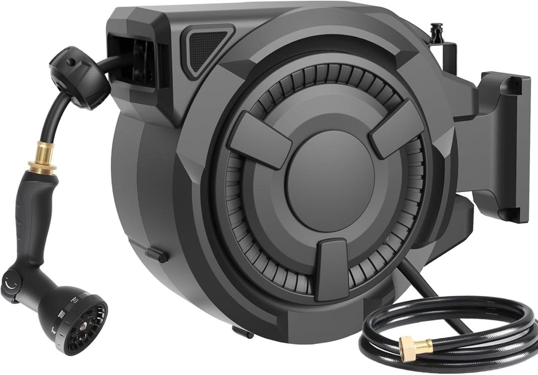 Retractable Garden Hose Reel 1/2 in x 100 ft, Heavy Duty Wall Mounted Hose Reel with 10- Function Sprayer Nozzle, Any Length Lock/Automatic Slow Return System/180Swivel Bracket/UV Resistant, Black