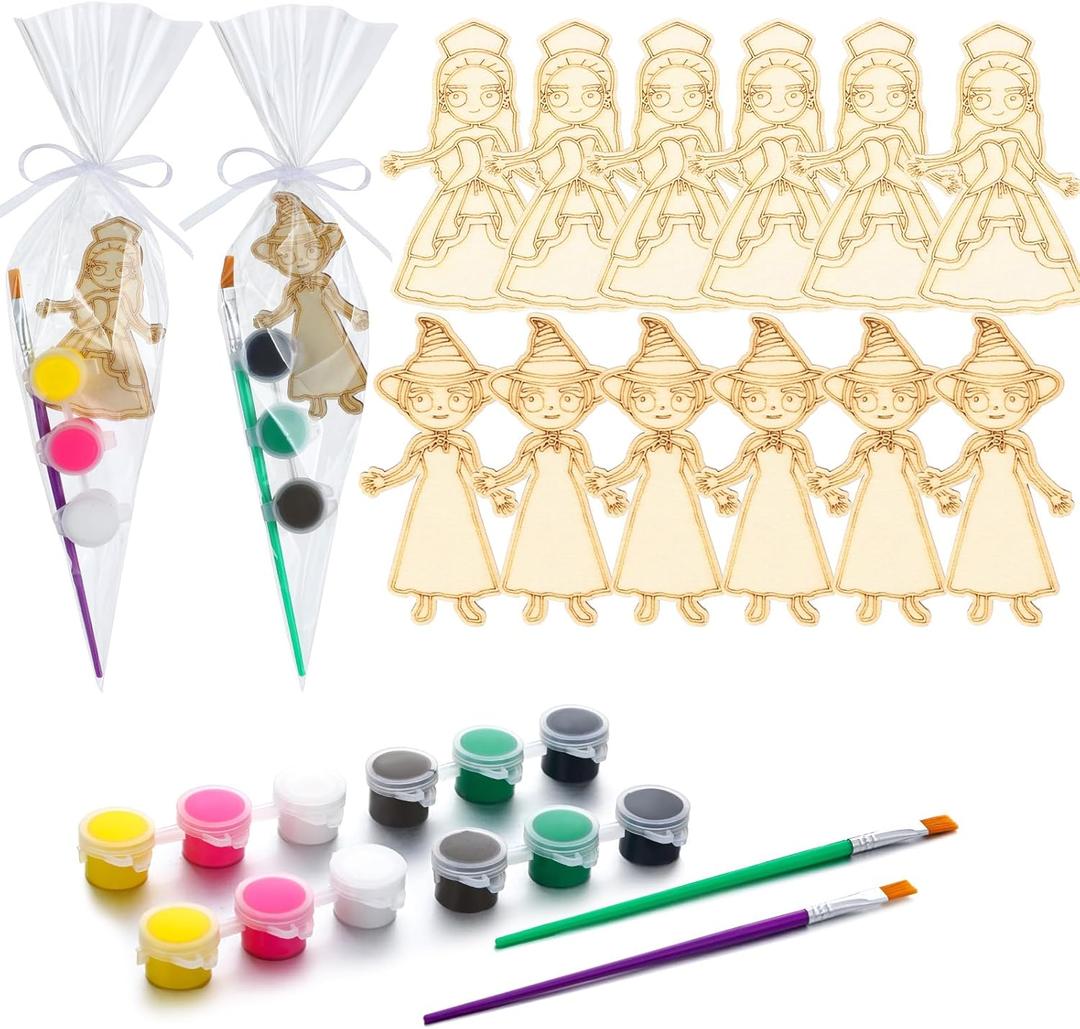 AmazingSpark 12 Sets Paint Your Own Witch Party Favors Pink and Green Princess Party Favors DIY Wood Painting Craft Kit Color Your Own Art Craft Kit(Witch)