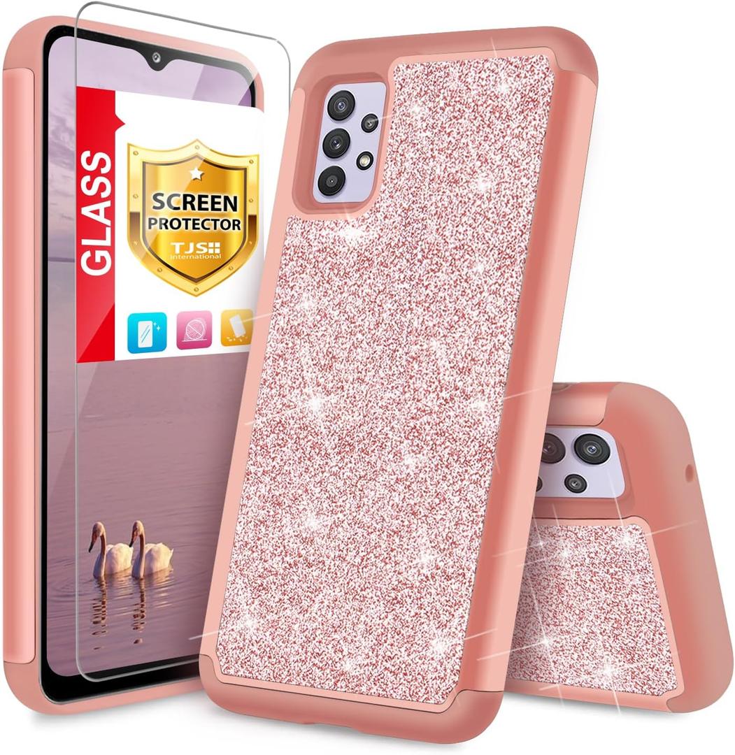 TJS Compatible with Samsung Galaxy A32 5G Case, with [Tempered Glass Screen Protector] Glitter Bling Cute Girls Women Design Dual Layer Heavy Duty Hybrid Phone Case Protector Cover (Rose Gold)