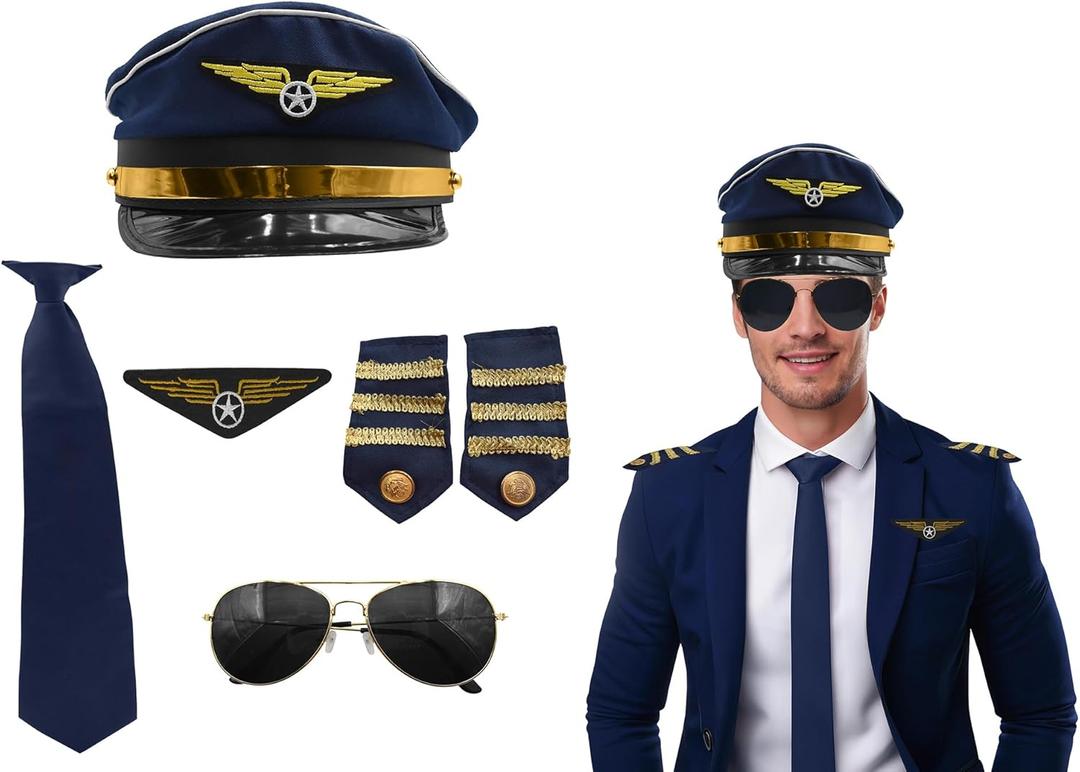 Nicky Bigs Novelties Pilot Costume Men Accessories - Men's Airline Captain Accessories with Aviator Sunglasses, Epaulettes, Captain's Hat, Badge - For Halloween, Themed Parties, Blue Gold, One Size