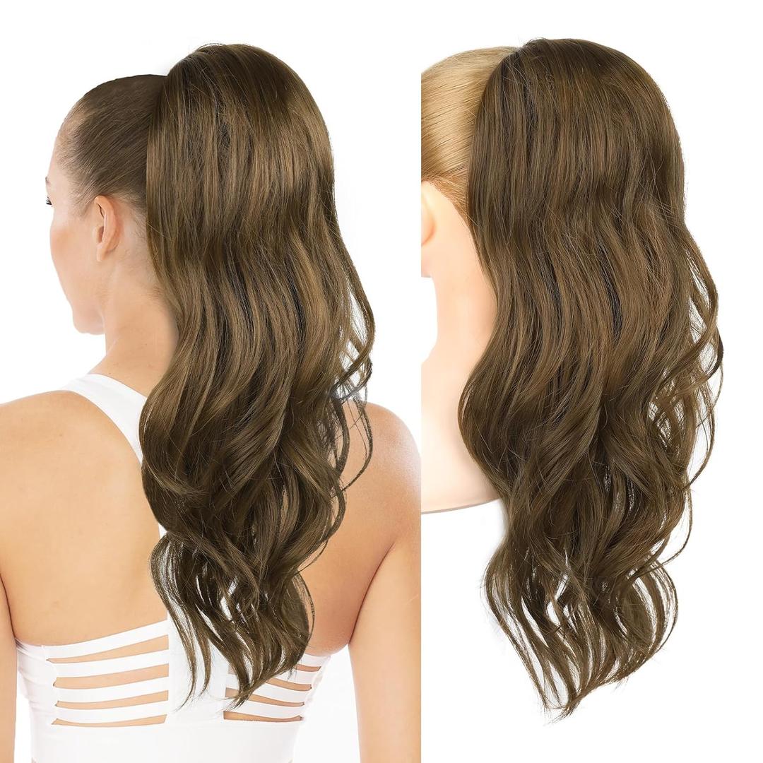 REECHO Drawstring Ponytail Extension Long Wavy Layered Pony Tails Hair Extensions 22inch Natural Fake Ponytail Clip in Synthetic Hairpiece for Women, Light Brown