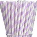 Light Purple Striped Paper Straws - Disposable Drinking Straws Purple and White Paper Straws for Craft Birthday Party Decorations (7.75inch, 100 Pack)
