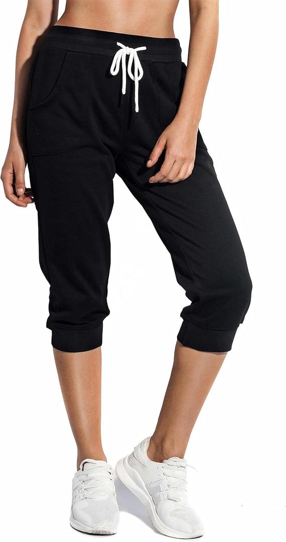 SPECIALMAGIC Women's Sweatpants Capri Pants Cropped Jogger Running Pants Lounge Loose Fit Drawstring Waist with Side Pockets (X-Large, Black)