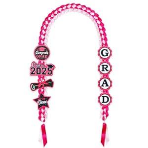 JOTFA Graduation Leis 2025, Graduation Money Leis Handmade Double Braided Ribbon Lei with 8 Graduation Glitter Patches for Graduation Party Decorations (Graduation Lei, Pink)