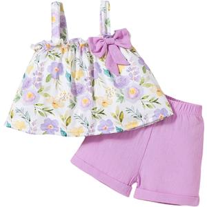 Infant Baby Girl Clothe Toddler Outfit Tank Tops Ruffle Sleeveless Shirt Linen Shorts Cute Two Piece Outfit Summer (18-24 Months, Purple)