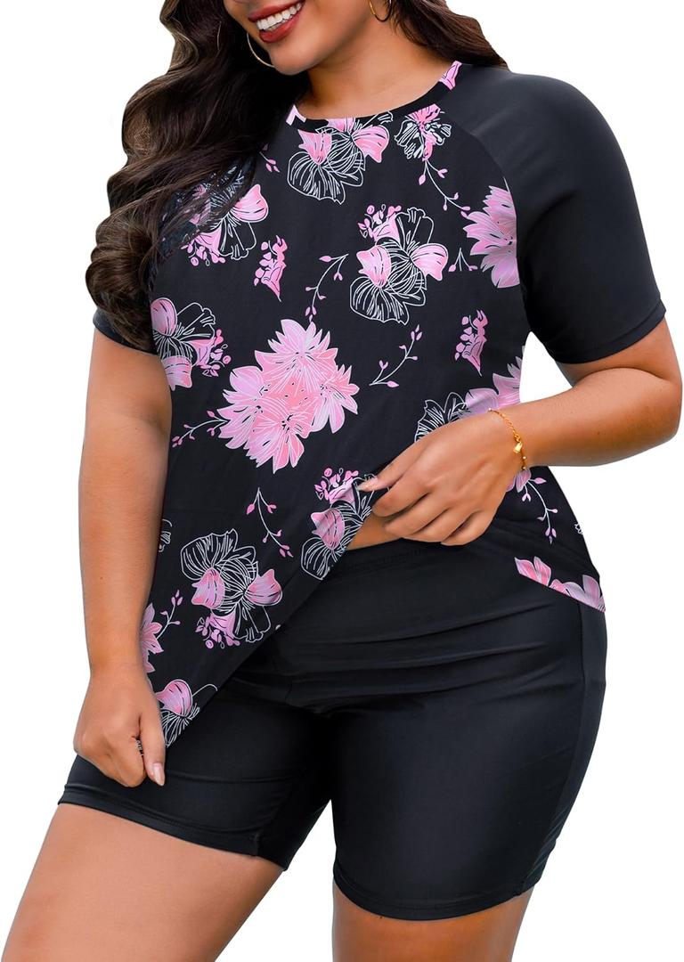 Tralilbee Plus Size Swimsuit for Women Two Piece Short Sleeve Swim Tops Bathing Suits with Shorts L-4X 