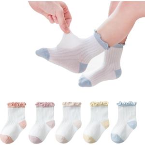 Baby Toddler Ruffle Socks Newborn Infant Girls Cotton Socks Unisex 5 Pairs (0-12 Months, White/Yellow/Beige/Pink/Green)
