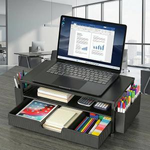 ECOLOVI Desk Organizer and Accessories, 2Tier Computer Monitor Stand Rise with Storage Drawer & 2 Pen Holders, Laptop & Printer Stand for Desktop, Workspace Organizers for Office Supplies (Black)