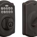 Schlage Camelot Electronic Keypad Deadbolt Lock, Keyless Front Door Entry, Mechanical Key Backup Included, Aged Bronze, BE365 V CAM 716