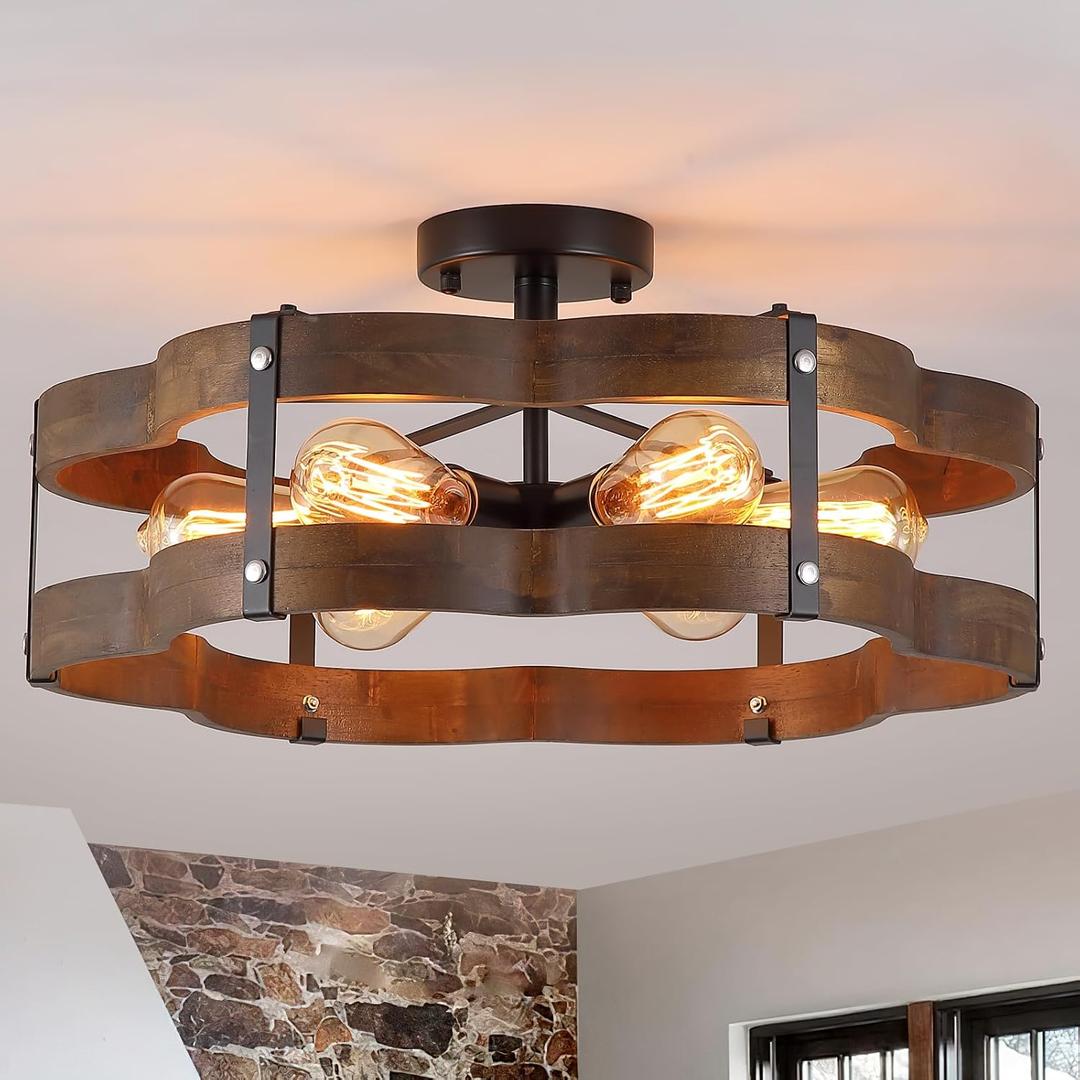 6-Light Rustic Farmhouse Wood Flush Mount Ceiling Light Fixture 20 inch Oak Wood and Metal Cloud Cage Semi Flush Mount Ceiling Light for Hallway Entry Dining Farmhouse Bedroom Living Room, Black, Large 6 lights