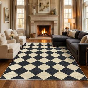 GarveeHome 6x9 Modern Checkered Area Rug, Geometric Farmhouse Washable Rugs for Living Room Bedroom, Soft Low Pile Non Slip Diamond Floor Mat Plaid Print Throw Rug Indoor Carpet Kids Room Classroom