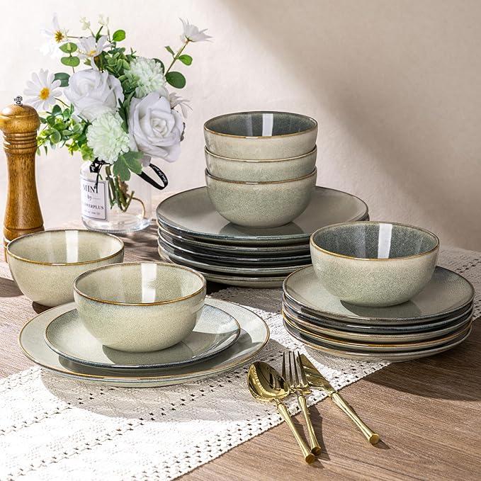 AmorArc Dinnerware Set, 12 Pieces Ceramic Plates and Bowls Sets, Stoneware Plates Set Handpainted, Dishwasher & Microwave Safe Dishes (Speckled Beige, Service for 4)