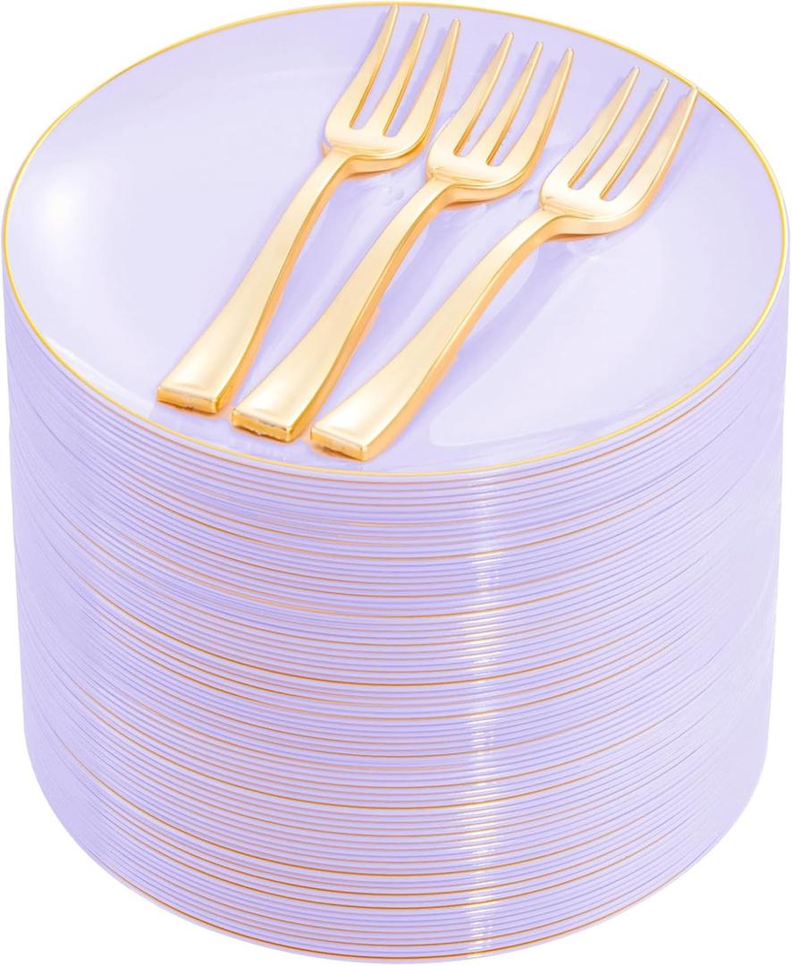 Festiva 200Pcs Purple Gold Dessert Plates 6.3" with Plastic Forks 5"- Disposable Lavender Purple Cake/Appetizer/Salad Plates - serve 100 guests for Party&Wedding&Easter