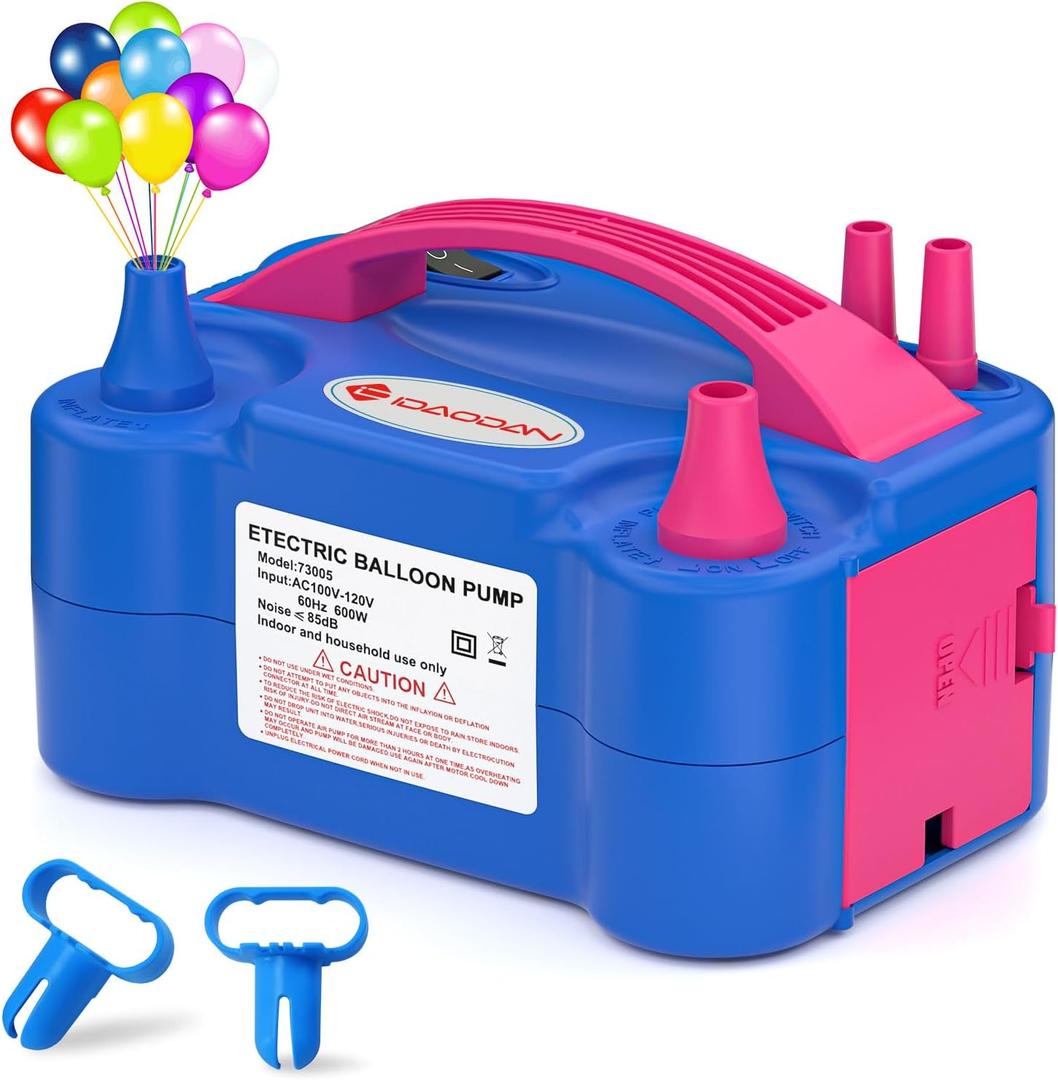 IDAODAN Electric Balloon Pump, Portable Electric Balloon Blower Machine Balloon Air Pump Dual Nozzle Rose Red 110V 600W Balloon Inflator for Party Decorations (Blue)