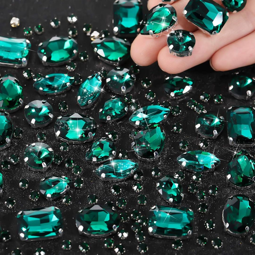 WILLBOND 156 Pcs Sew on Rhinestones Claw Flatback Crystal Rhinestones Metal Prong Setting Gems Acrylic Glass Sewing Gems for Clothes DIY Craft Shoes Dress Jewelry Making (Peacock Green)