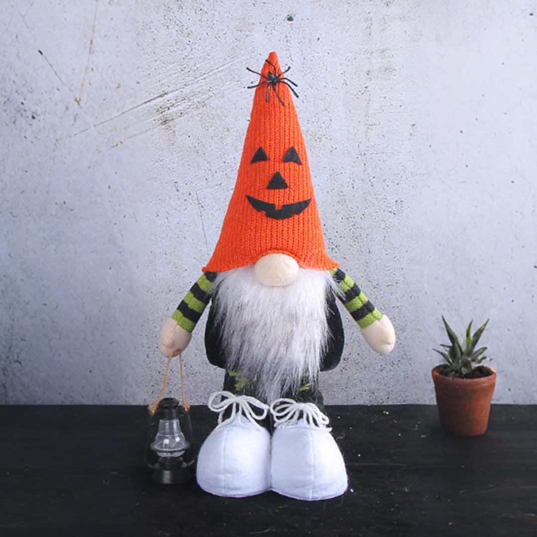 Halloween Plush Gnome Figurine Decoration, Extendable Standing Ghost Gnome Doll with Telescopic Legs, Halloween Ornament Tray Table Decor Home Decorations (Pumpkin Hat)